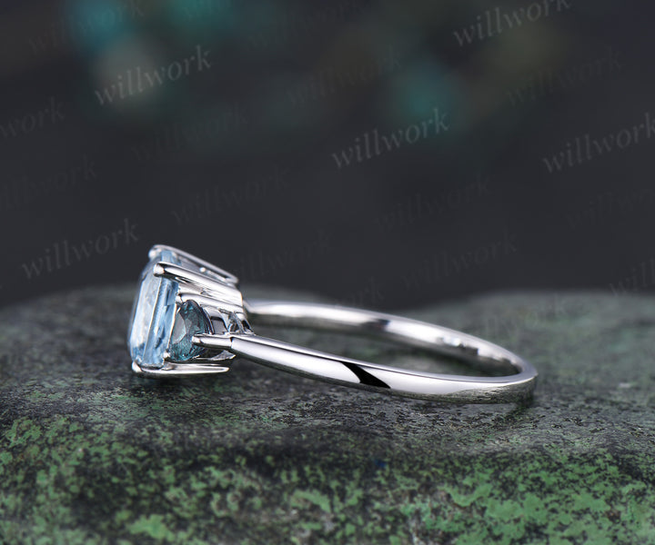 Cushion cut natural aquamarine engagement ring solid white gold trilliant cut alexandrite ring minimalist three stone promise ring for women