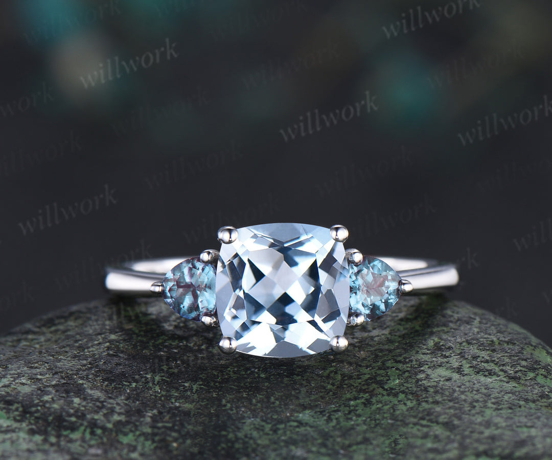 Cushion cut natural aquamarine engagement ring solid white gold trilliant cut alexandrite ring minimalist three stone promise ring for women