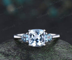 Cushion cut natural aquamarine engagement ring solid white gold trilliant cut alexandrite ring minimalist three stone promise ring for women
