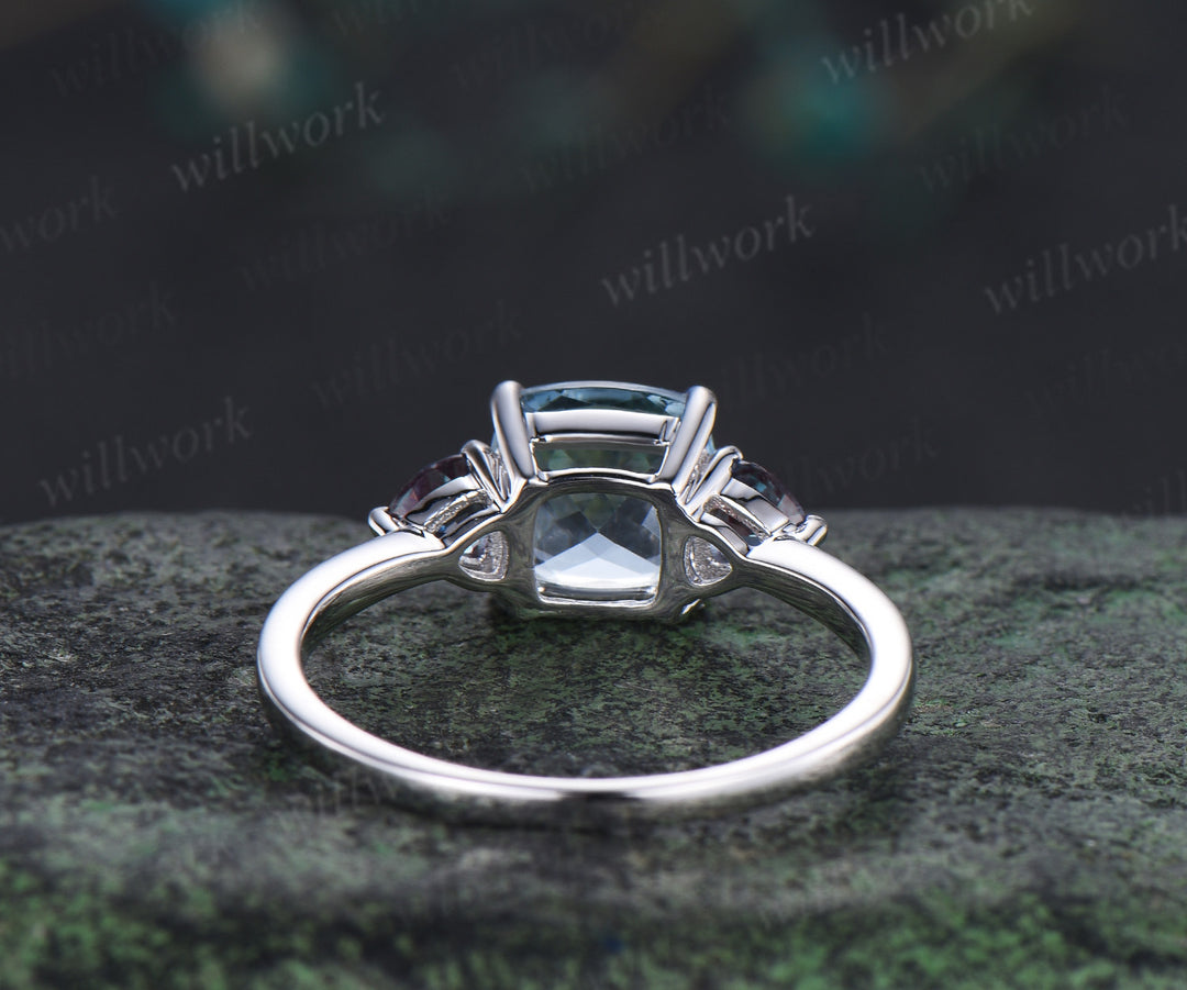 Cushion cut natural aquamarine engagement ring solid white gold trilliant cut alexandrite ring minimalist three stone promise ring for women