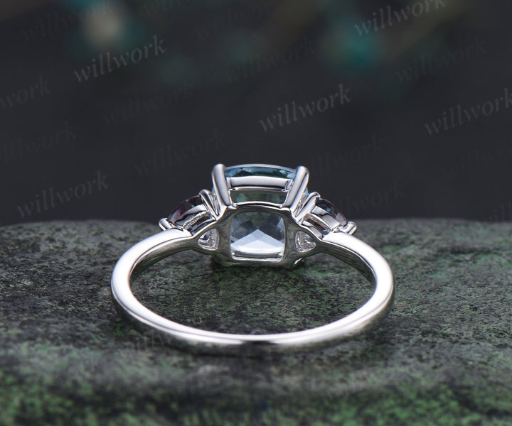 Cushion cut natural aquamarine engagement ring solid white gold trilliant cut alexandrite ring minimalist three stone promise ring for women