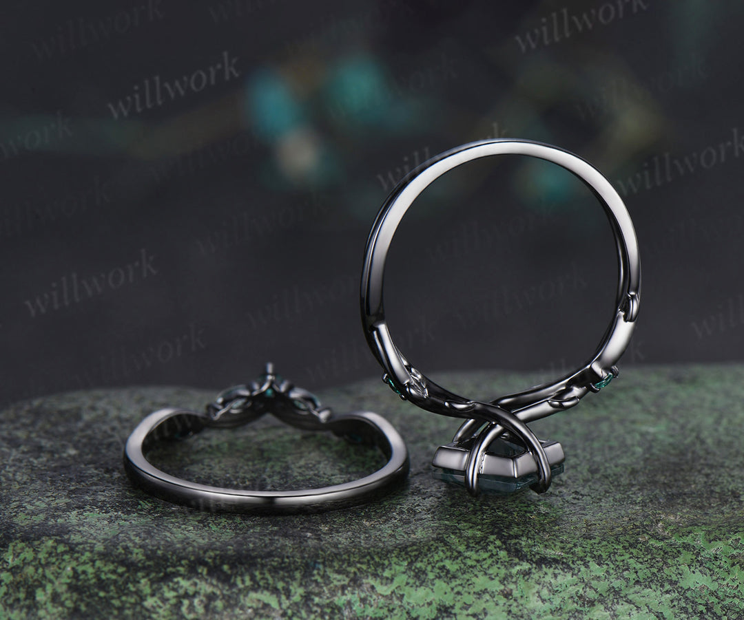 Princess moss agate engagement ring set black gold twig leaf infinity ring curved wedding band nature inspired bridal jewelry