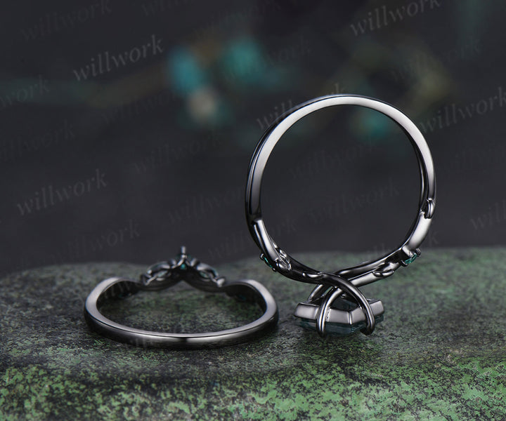 Princess moss agate engagement ring set black gold twig leaf infinity ring curved wedding band nature inspired bridal jewelry
