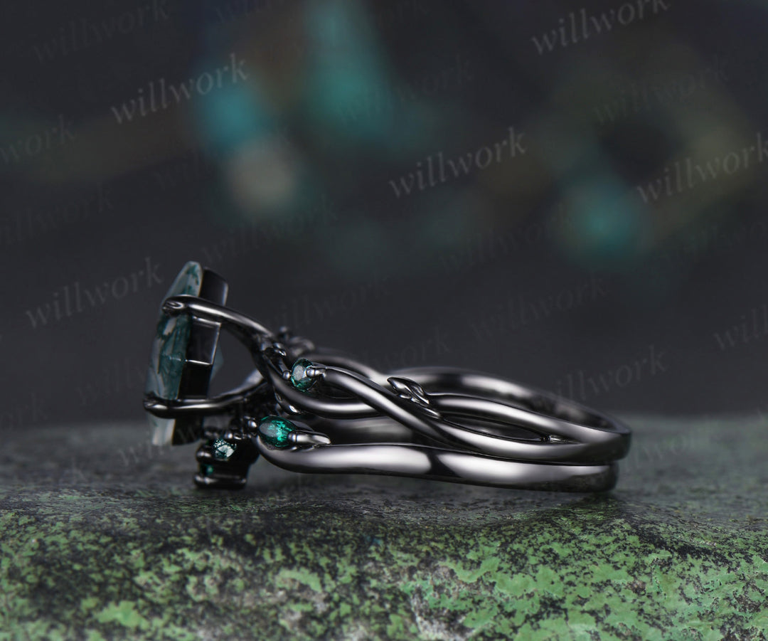 Princess moss agate engagement ring set black gold twig leaf infinity ring curved wedding band nature inspired bridal jewelry