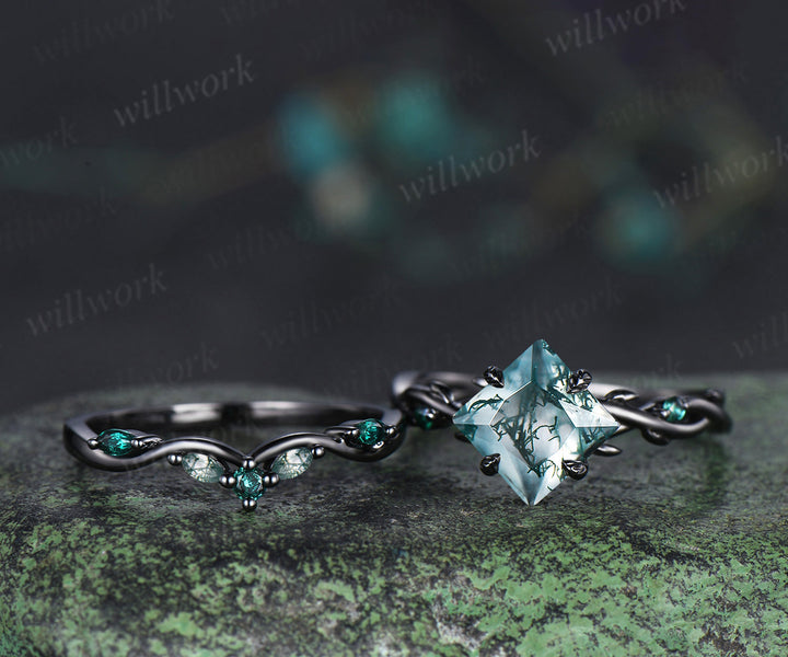 Princess moss agate engagement ring set black gold twig leaf infinity ring curved wedding band nature inspired bridal jewelry