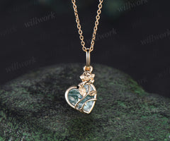 Heart shaped moss agate necklace unique rose flower twig moss agate pendant nature inspired necklace bridal jewelry gifts