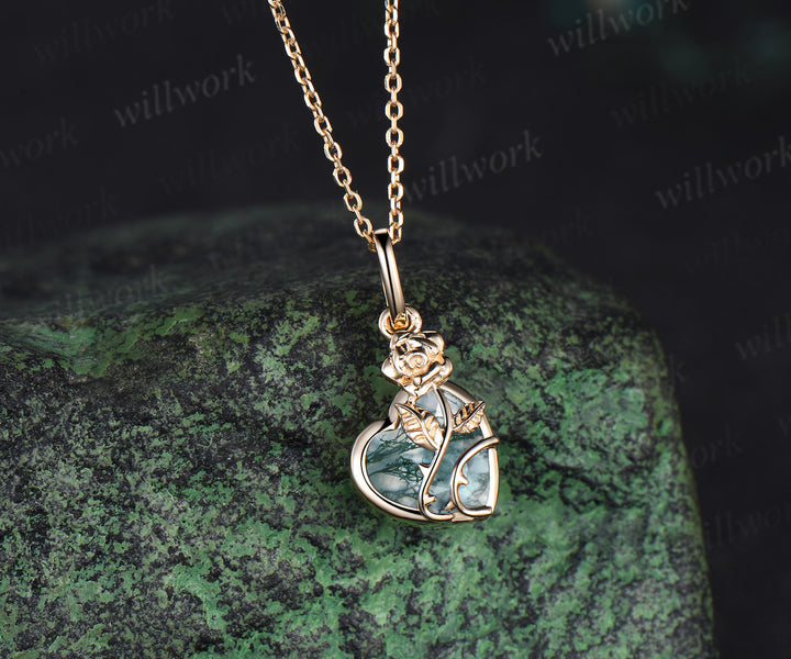 Heart shaped moss agate necklace unique rose flower twig moss agate pendant nature inspired necklace bridal jewelry gifts