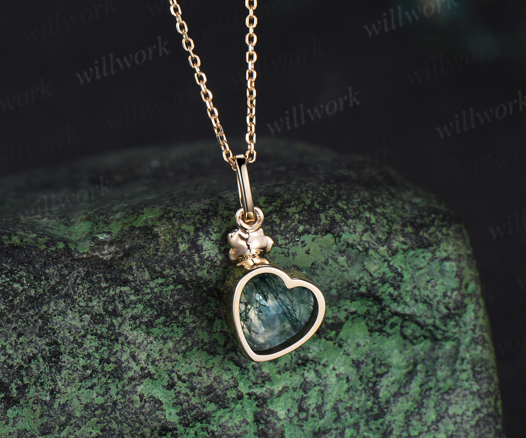 Heart shaped moss agate necklace unique rose flower twig moss agate pendant nature inspired necklace bridal jewelry gifts