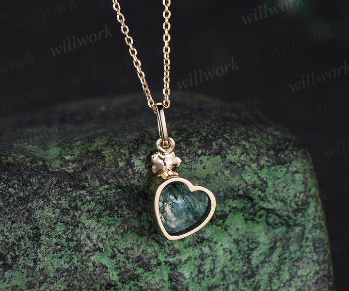 Heart shaped moss agate necklace unique rose flower twig moss agate pendant nature inspired necklace bridal jewelry gifts