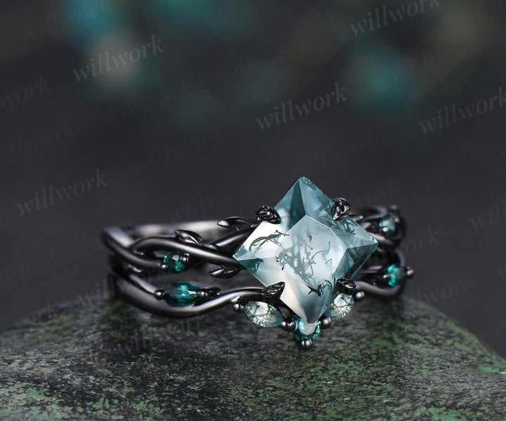 Princess moss agate engagement ring set black gold twig leaf infinity ring curved wedding band nature inspired bridal jewelry