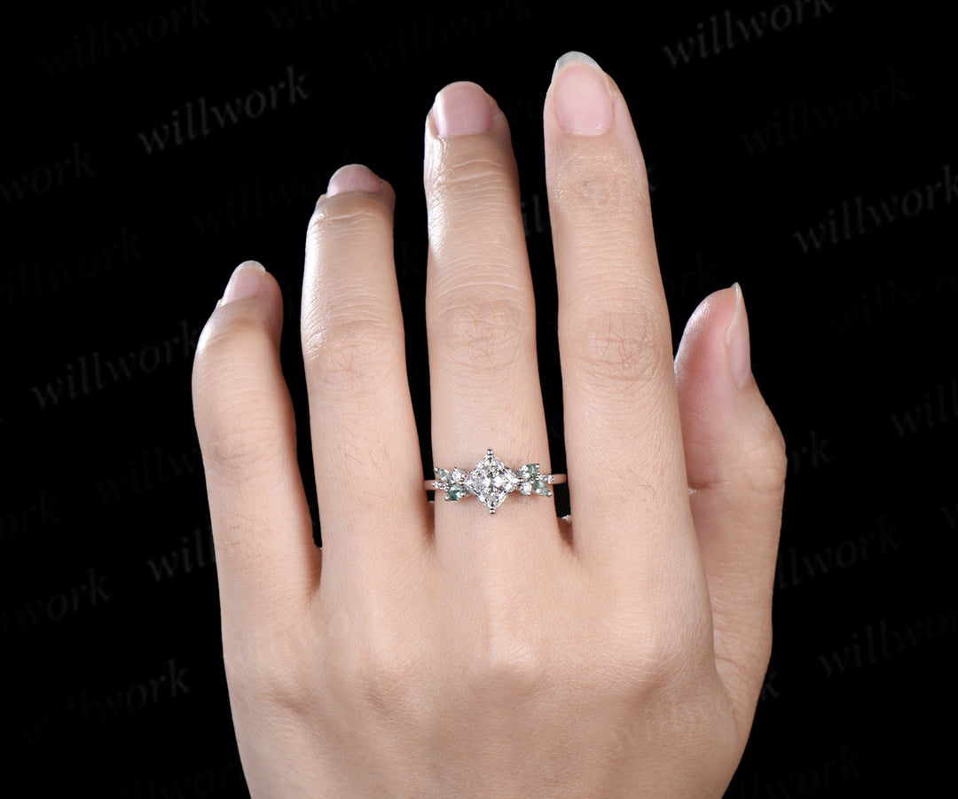 Princess cut IGI lab grown diamond ring timeless diamond white gold green sapphire cluster ring bridal ring jewelry gifts