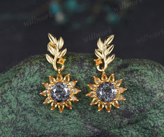 Round cut black rutilated quartz pear yellow citrine earrings unique leaf sunflower drop earrings nature inspired jewelry gifts