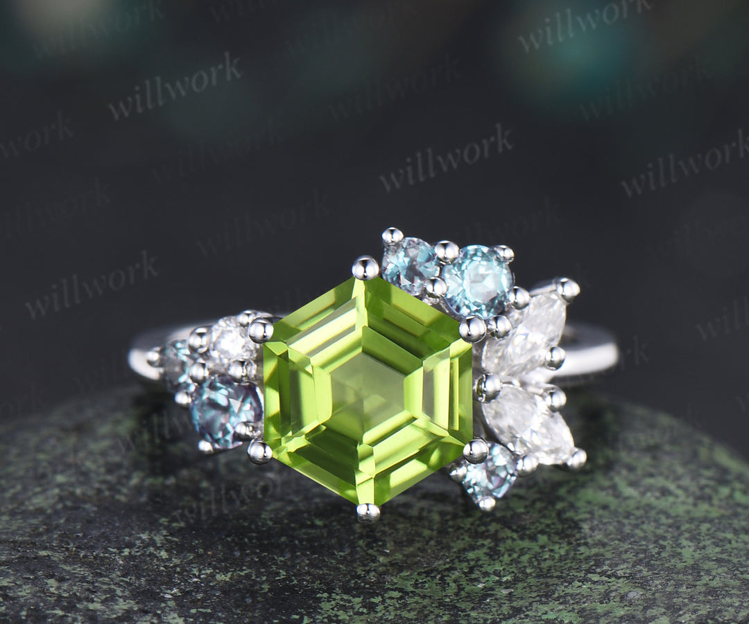 Hexagon cut peridot engagement ring cluster alexandrite marquise moissanite bridal ring gifts for women