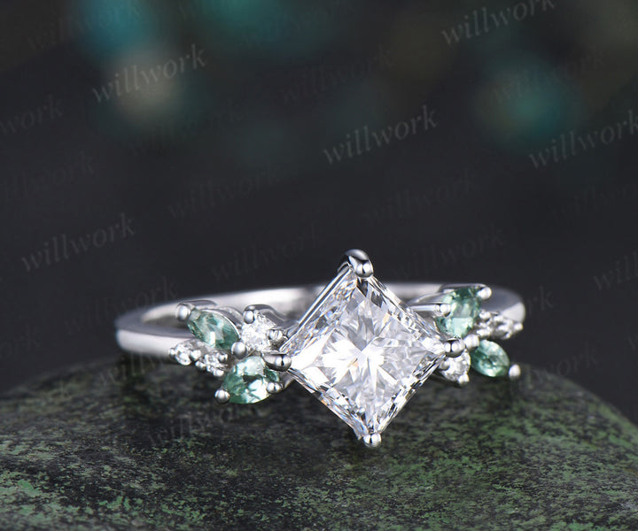 Princess cut IGI lab grown diamond ring timeless diamond white gold green sapphire cluster ring bridal ring jewelry gifts