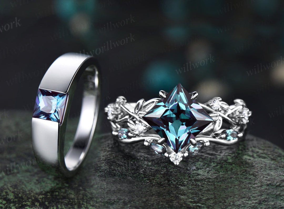 Princess Alexandrite Twig Vine Ring Set & Princess Cut Solitaire Alexanrite Men Band Unique Couple Ring Set for Him & Her