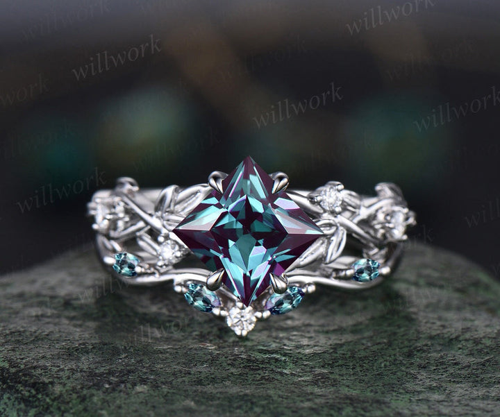Princess Alexandrite Twig Vine Ring Set & Princess Cut Solitaire Alexanrite Men Band Unique Couple Ring Set for Him & Her