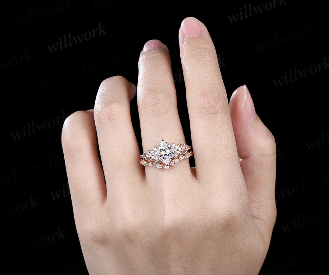 Princess cut IGI lab grown diamond engagement ring set infinity cluster ring milgrain diamond matching band timeless bridal set