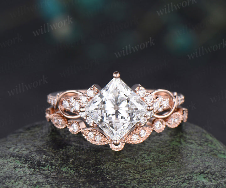 Princess cut IGI lab grown diamond engagement ring set infinity cluster ring milgrain diamond matching band timeless bridal set