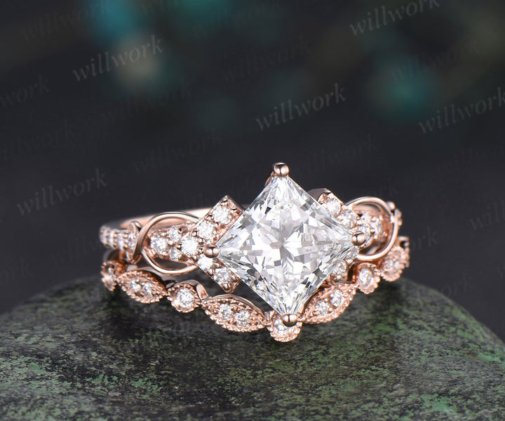 Princess cut IGI lab grown diamond engagement ring set infinity cluster ring milgrain diamond matching band timeless bridal set
