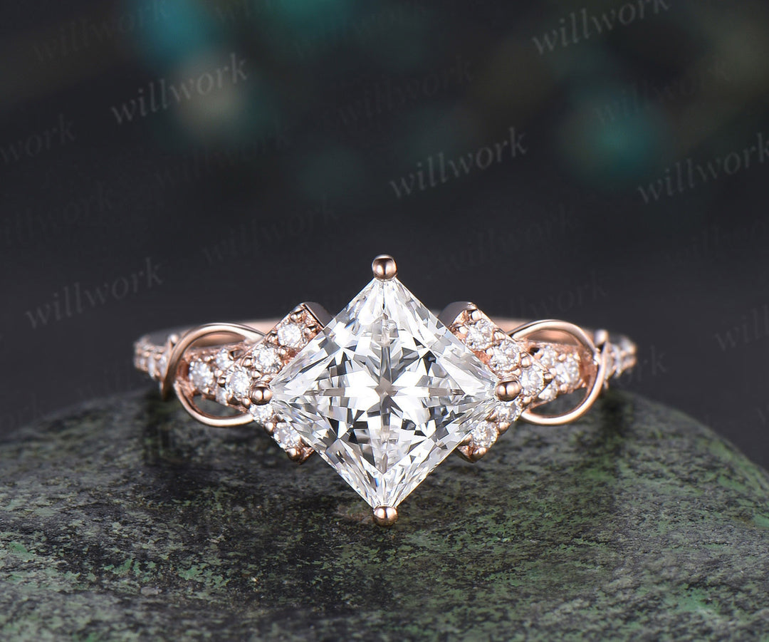 Princess cut IGI lab grown diamond engagement ring set infinity cluster ring milgrain diamond matching band timeless bridal set