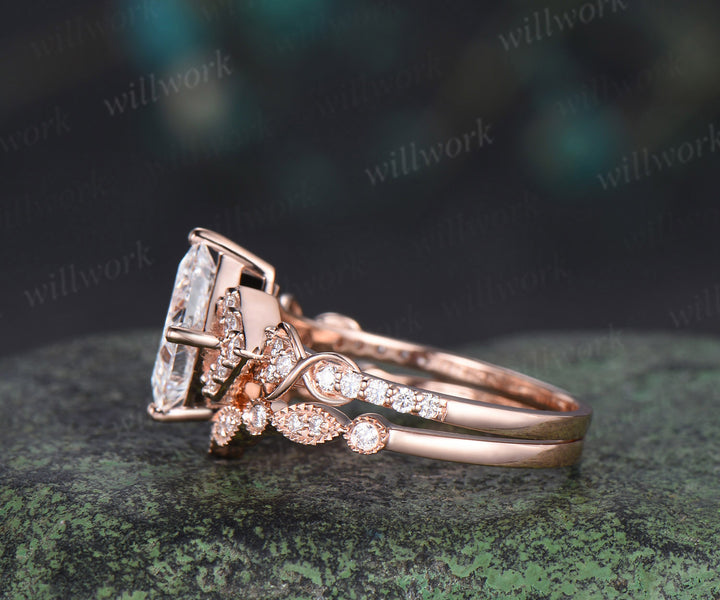 Princess cut IGI lab grown diamond engagement ring set infinity cluster ring milgrain diamond matching band timeless bridal set