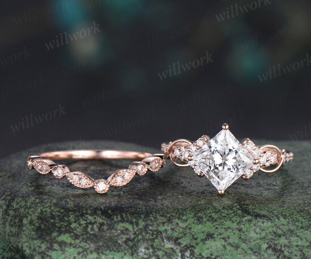 Princess cut IGI lab grown diamond engagement ring set infinity cluster ring milgrain diamond matching band timeless bridal set