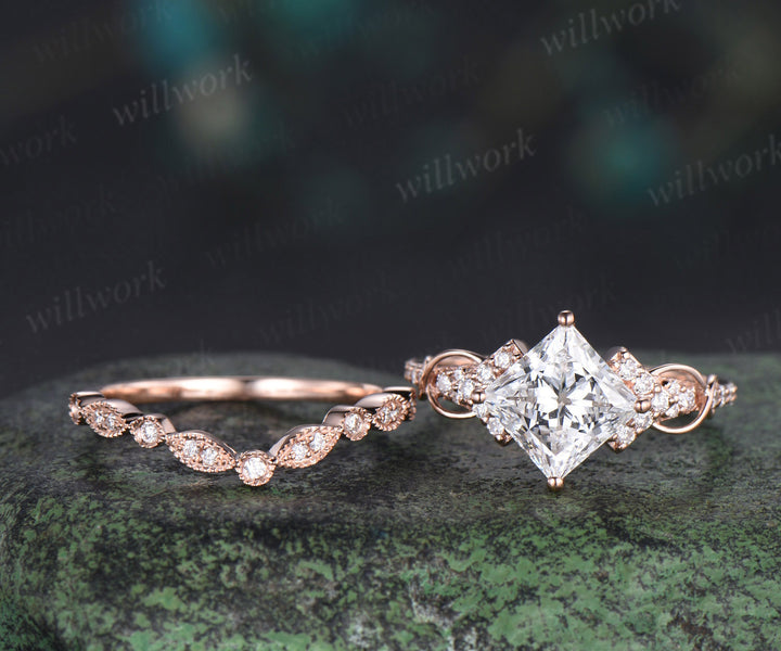 Princess cut IGI lab grown diamond engagement ring set infinity cluster ring milgrain diamond matching band timeless bridal set