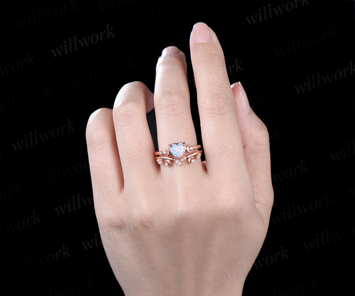 Heart shaped opal art deco moon engagement ring set five stone diamond promise ring marquise diamond moon band unique bridal set