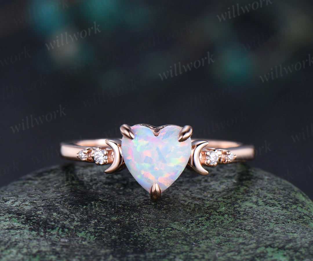 Heart shaped opal art deco moon engagement ring set five stone diamond promise ring marquise diamond moon band unique bridal set