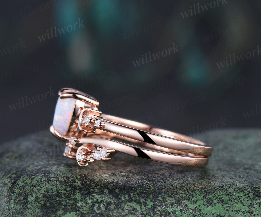 Heart shaped opal art deco moon engagement ring set five stone diamond promise ring marquise diamond moon band unique bridal set