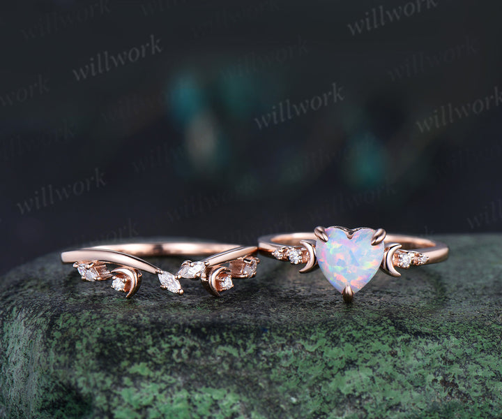 Heart shaped opal art deco moon engagement ring set five stone diamond promise ring marquise diamond moon band unique bridal set