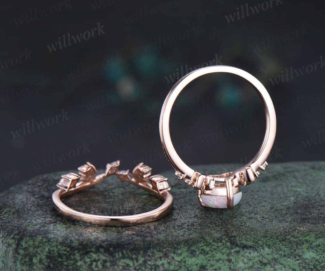 Heart shaped opal art deco moon engagement ring set five stone diamond promise ring marquise diamond moon band unique bridal set