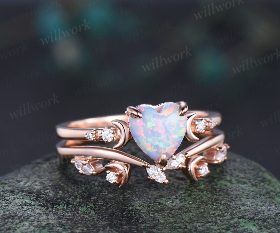 Heart shaped opal art deco moon engagement ring set five stone diamond promise ring marquise diamond moon band unique bridal set