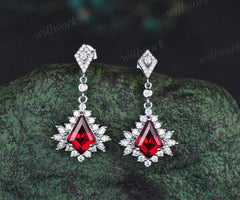 Kite cut ruby drop earrings with moissanite halo solid white gold unique earrings July birthstone wedding gifts