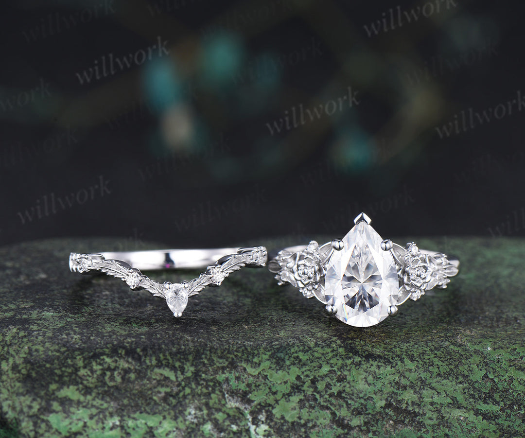 Succulent inspired pear moissanite ngagement ring set moissanites diamonds leaf wedding ring bridal set gifts for women
