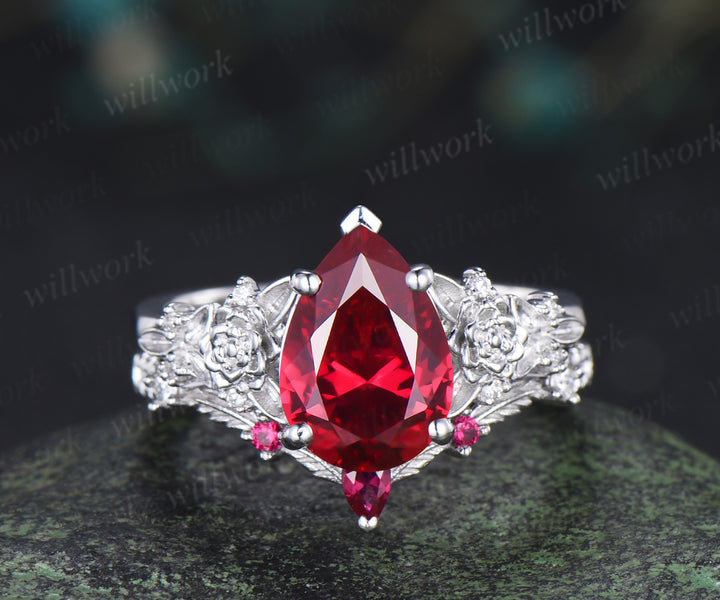 Vintage pear ruby succulent inspired engagement ring set moissanites leaf wedding ring unique bridal set