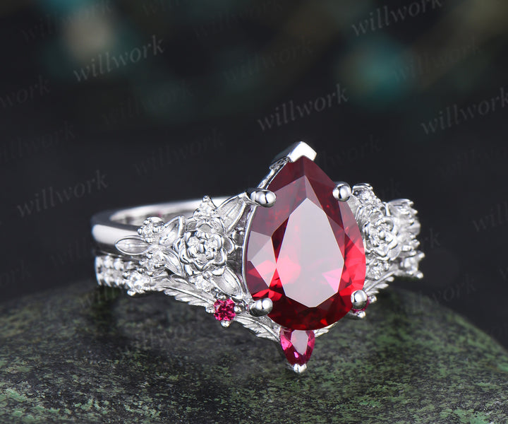 Vintage pear ruby succulent inspired engagement ring set moissanites leaf wedding ring unique bridal set