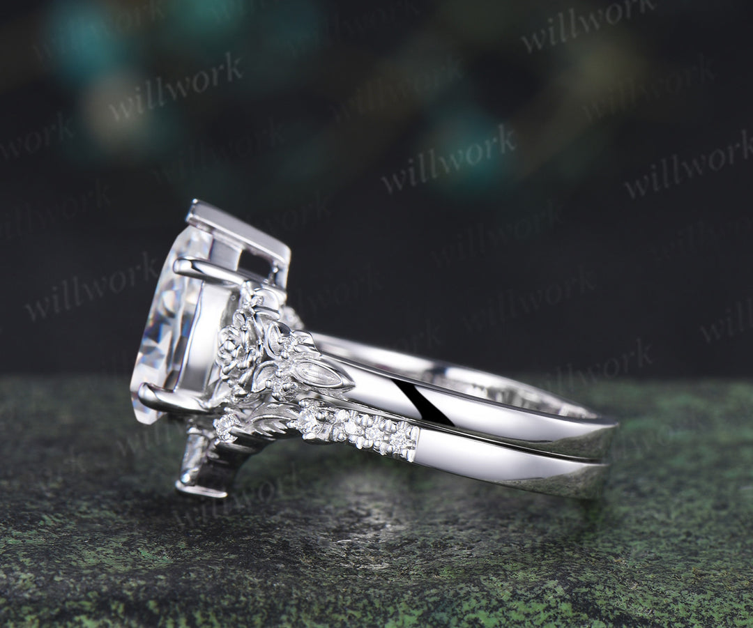 Succulent inspired pear moissanite ngagement ring set moissanites diamonds leaf wedding ring bridal set gifts for women