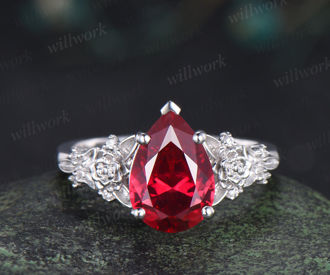 Vintage pear ruby succulent inspired engagement ring set moissanites leaf wedding ring unique bridal set