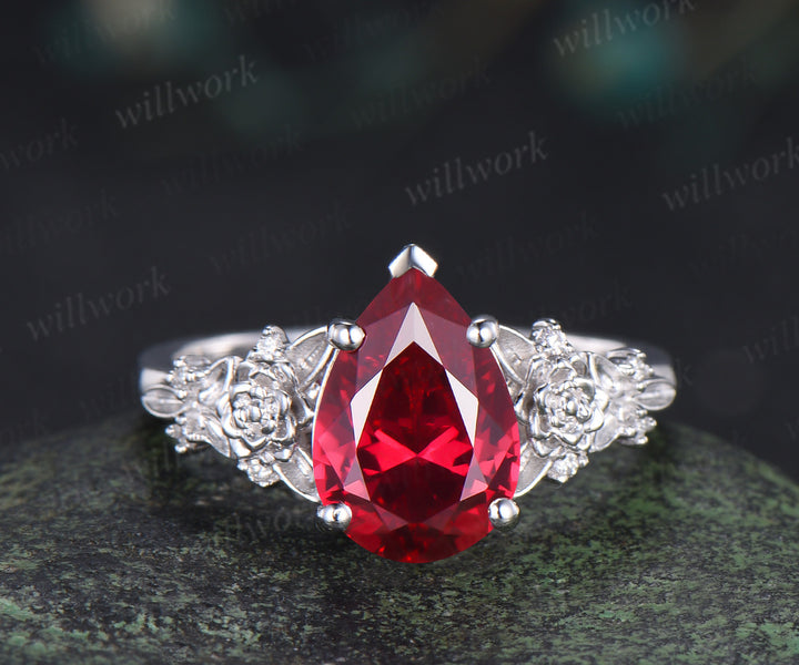 Vintage pear ruby succulent inspired engagement ring set moissanites leaf wedding ring unique bridal set