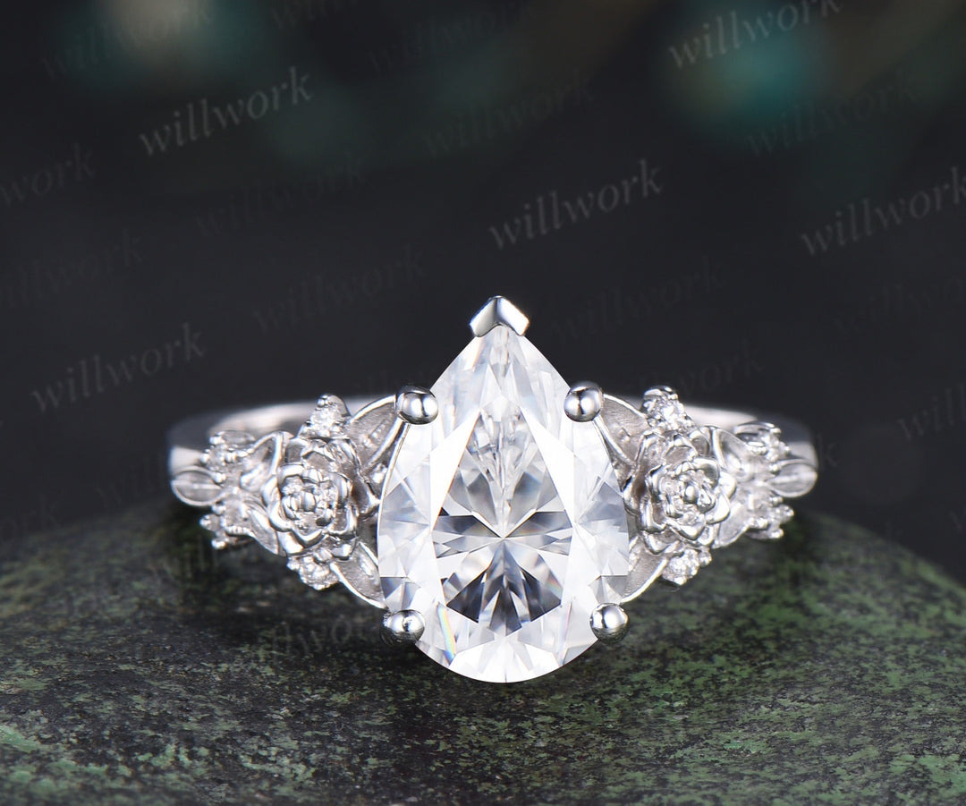 Succulent inspired pear moissanite ngagement ring set moissanites diamonds leaf wedding ring bridal set gifts for women