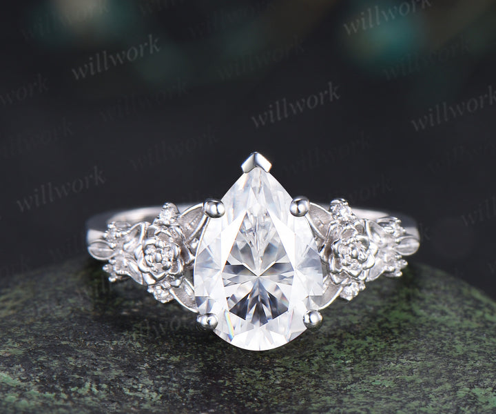 Succulent inspired pear moissanite ngagement ring set moissanites diamonds leaf wedding ring bridal set gifts for women