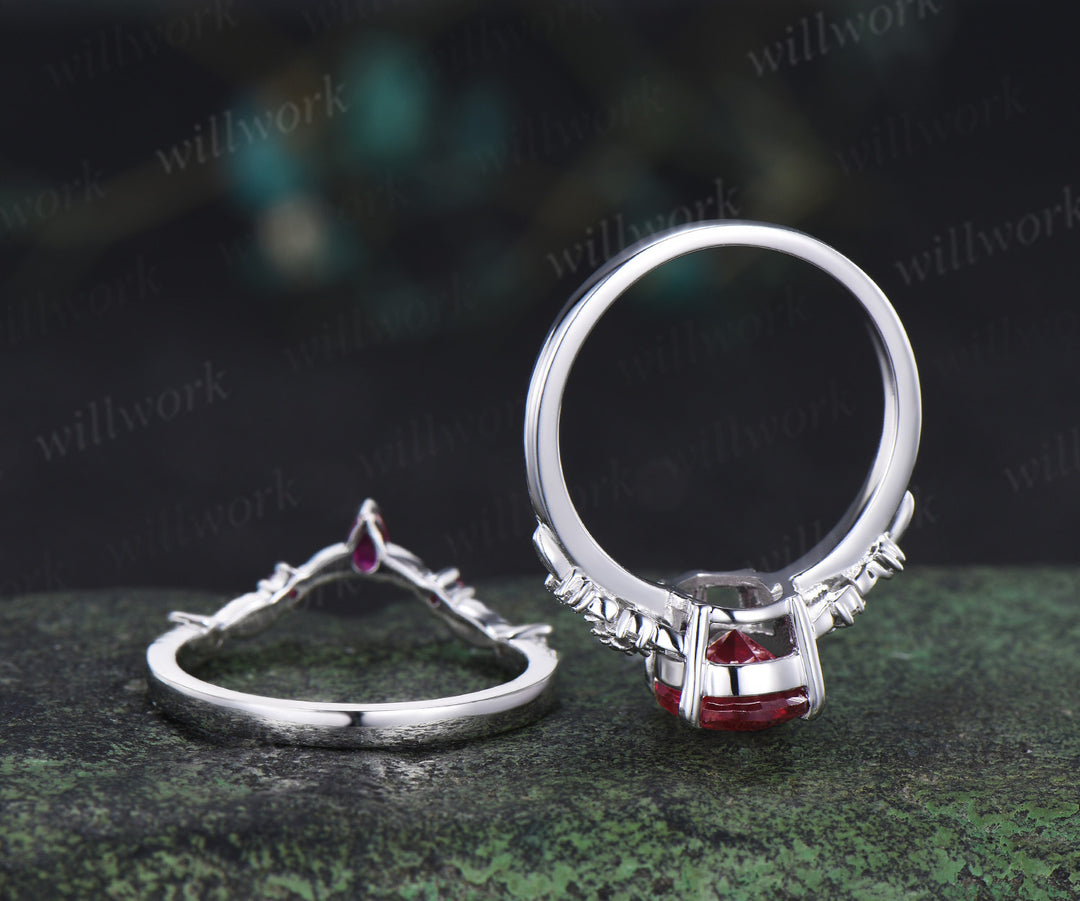 Vintage pear ruby succulent inspired engagement ring set moissanites leaf wedding ring unique bridal set