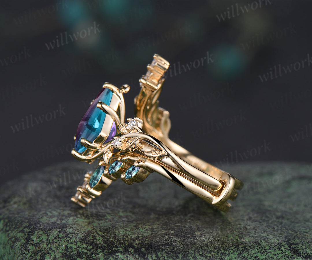 Unique kite cut alexandrite leaf engagement ring set twig nature inspired 14k yellow gold diamond enhancer wedding ring band women