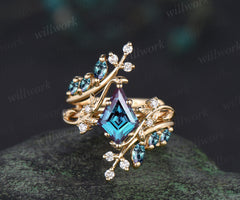 Unique kite cut alexandrite leaf engagement ring set twig nature inspired 14k yellow gold diamond enhancer wedding ring band women