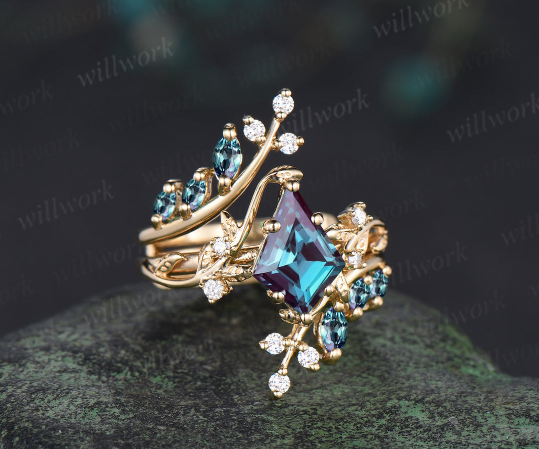 Unique kite cut alexandrite leaf engagement ring set twig nature inspired 14k yellow gold diamond enhancer wedding ring band women
