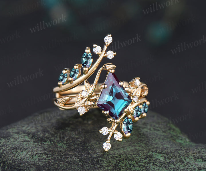 Unique kite cut alexandrite leaf engagement ring set twig nature inspired 14k yellow gold diamond enhancer wedding ring band women