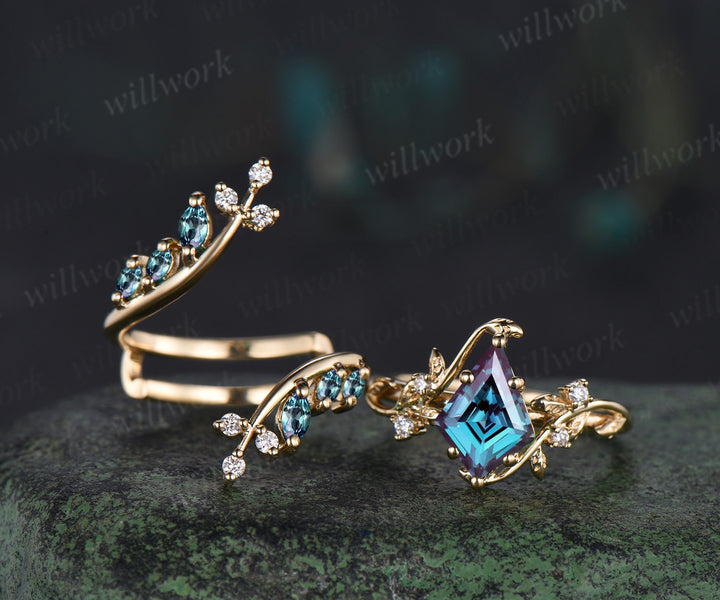 Unique kite cut alexandrite leaf engagement ring set twig nature inspired 14k yellow gold diamond enhancer wedding ring band women