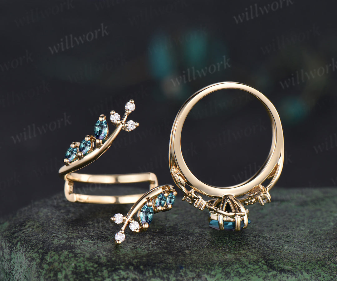 Unique kite cut alexandrite leaf engagement ring set twig nature inspired 14k yellow gold diamond enhancer wedding ring band women