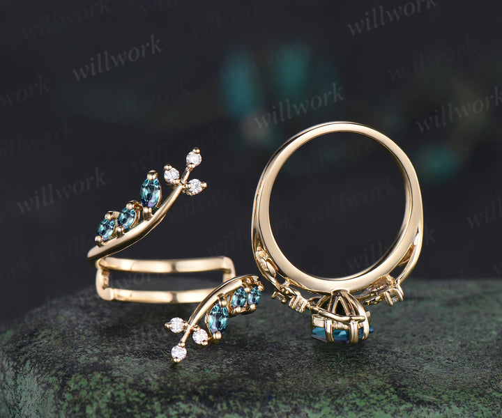 Unique kite cut alexandrite leaf engagement ring set twig nature inspired 14k yellow gold diamond enhancer wedding ring band women
